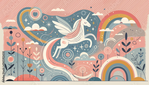 Charming children's illustration of a magical unicorn with wings, surrounded by pastel rainbows, clouds, and abstract patterns in a whimsical, dreamlike landscape