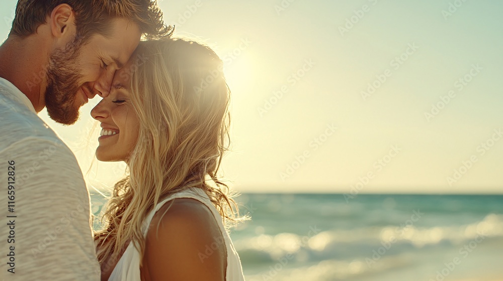 Fototapeta premium Embracing Love A Closeup of a Man and Woman on a Sunny Beach Romantic Moment Outdoor Warm Atmosphere