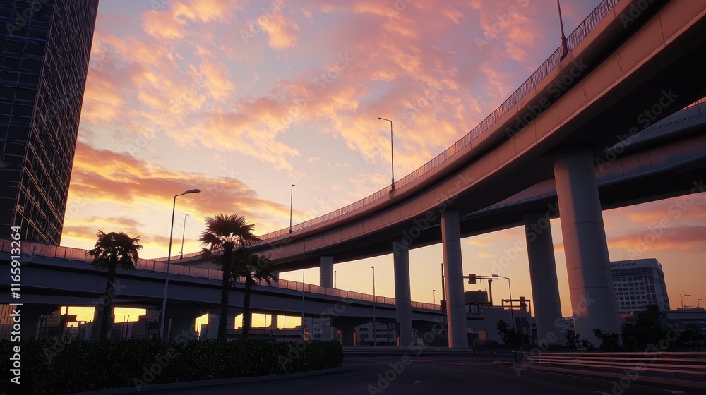 Sunset view of a curved highway with palm trees and vibrant clouds. Sunset view of a curved highway with palm trees and vibrant clouds.