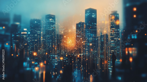 Abstract business team stands on the peak of success amid tall, innovative Smart city and graphs with statistics to analyze business potential and predict future developments in company growth.