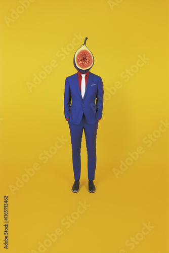 Surreal concept of a man in a tailored blue suit with a fig as his head, standing against a bold yellow background, creating a quirky and vibrant visual