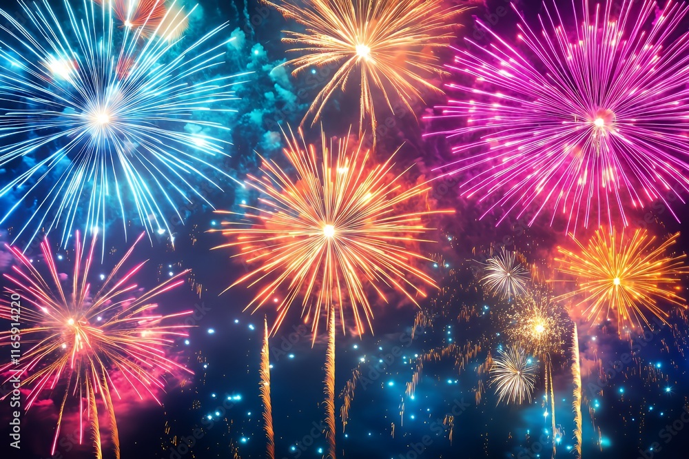 Vibrant Fireworks Display Illuminating Night Sky Vibrant Fireworks Display Illuminating Night Sky