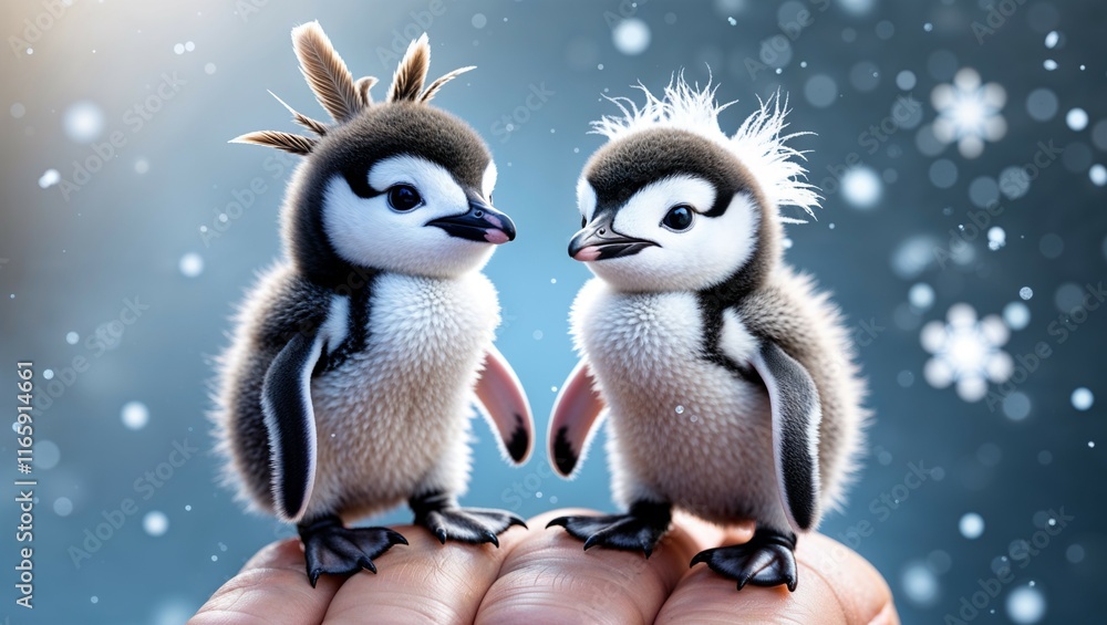 A fun cartoon illustration of a baby penguin with a red beak against a cold white winter snow background A fun cartoon illustration of a baby penguin with a red beak against a cold white winter snow background
