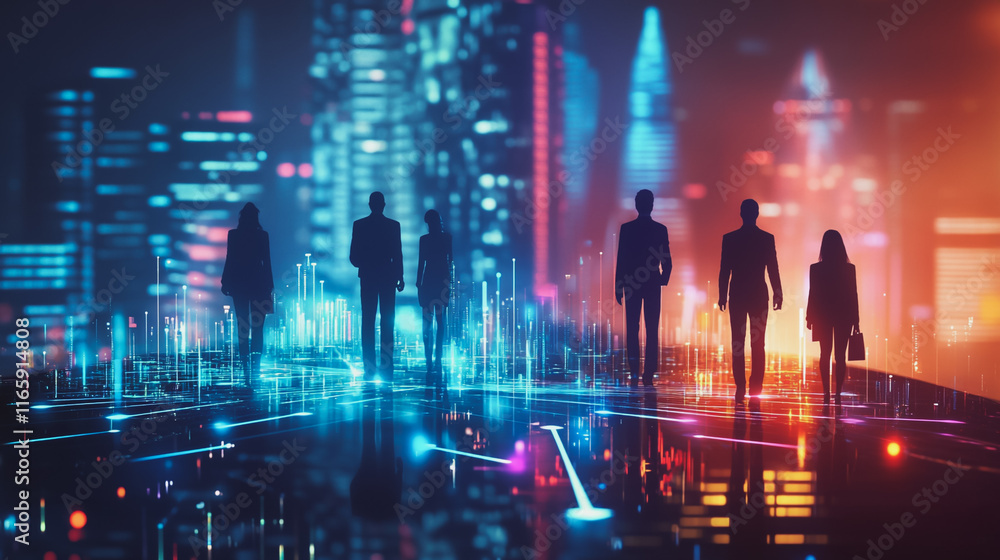 Abstract business team stands on the peak of success amid tall, innovative Smart city and graphs with statistics to analyze business potential and predict future developments in company growth.
Abstract business team stands on the peak of success amid tall, innovative Smart city and graphs with statistics to analyze business potential and predict future developments in company growth.
