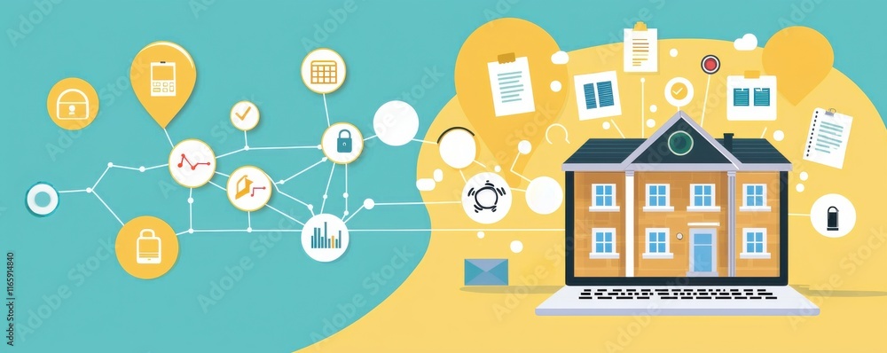 A digital illustration depicting a house connected to various icons representing data, documents, and technology, symbolizing smart home or digital management systems. A digital illustration depicting a house connected to various icons representing data, documents, and technology, symbolizing smart home or digital management systems.