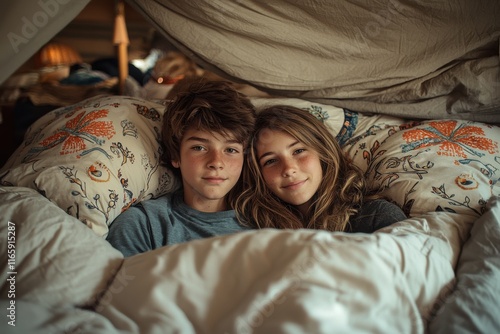 Two children cozy in a blanket fort enjoying a moment of warmth and friendship indoors during a rainy afternoon photo