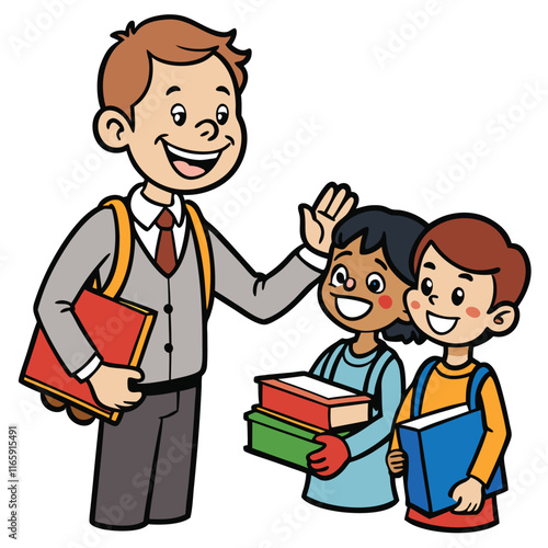 Teacher Distributing Books to Students - Cheerful Interaction