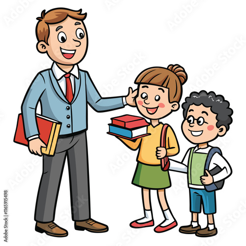 Teacher Distributing Books to Students - Cheerful Interaction Variant