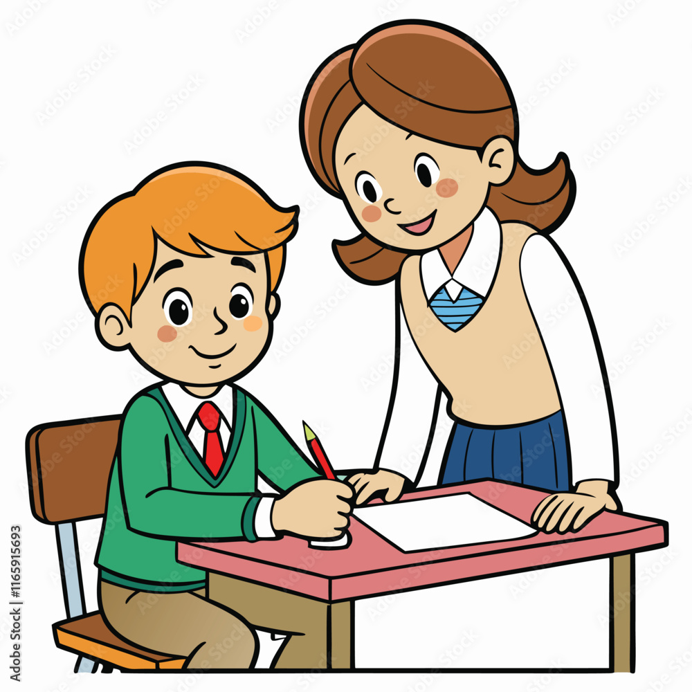 Teacher Leaning Over Desk - Assisting a Student with Care Variant Teacher Leaning Over Desk - Assisting a Student with Care Variant