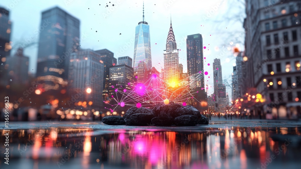 Obraz premium A vibrant cityscape featuring iconic skyscrapers, colorful lights, and reflections on water, creating a lively urban atmosphere.