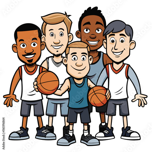 Team of Five Players - Posing with a Basketball in Dynamic Style