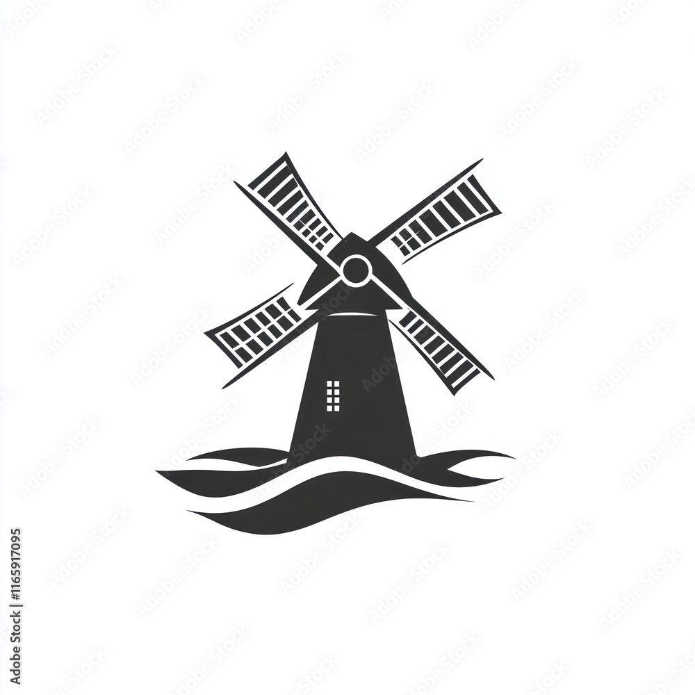 Black and white windmill graphic by the sea Black and white windmill graphic by the sea