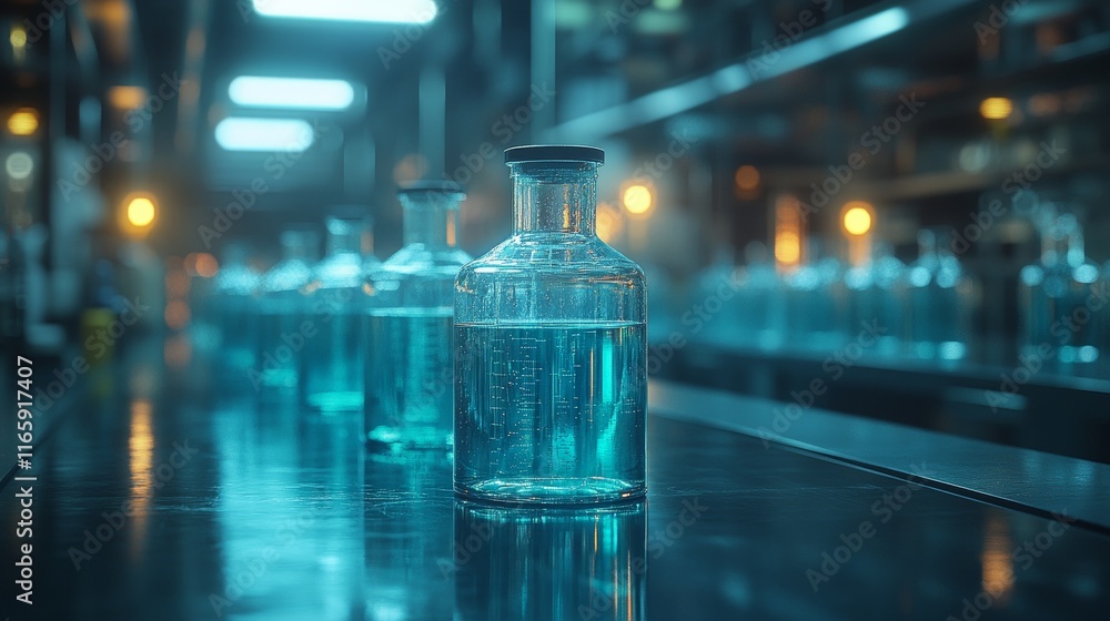 Blue liquid in glass bottles on a lab table. Blue liquid in glass bottles on a lab table.