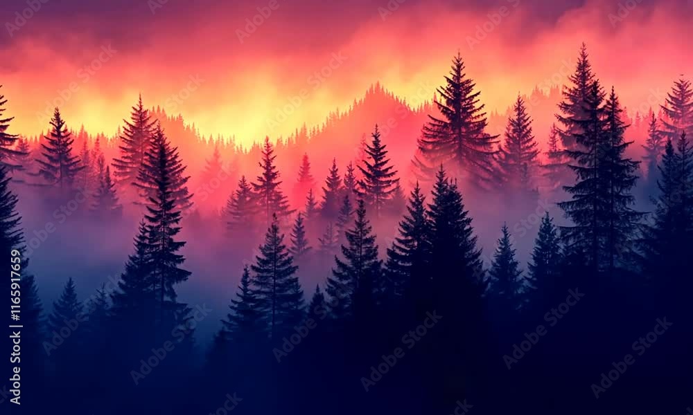 A vibrant sunset over a misty forest, showcasing silhouettes of pine trees. A vibrant sunset over a misty forest, showcasing silhouettes of pine trees.