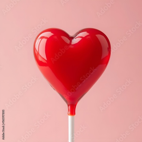 A glossy red heart-shaped lollipop with a clear plastic stick slightly tilted for a playful effect photo