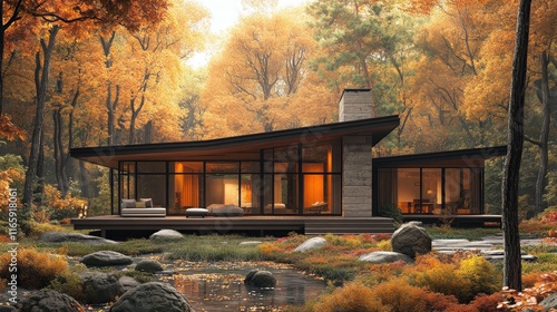 Modern house, autumn forest, tranquil stream.
