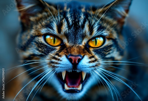 Fierce Tabby Cat Close-Up: Glowing Eyes, Bared Teeth, Dramatic Lighting photo