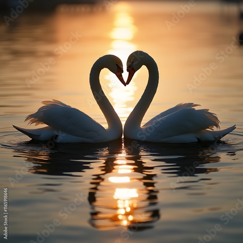 Fototapeta Naklejka Na Ścianę i Meble -  Silhouette photography of two swans forming a heart in a minimal and realistic style