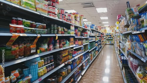 Wallpaper Mural Rows of neatly stocked shelves in a brightly lit supermarket aisle, showcasing a wide variety of canned goods and packaged products. Torontodigital.ca