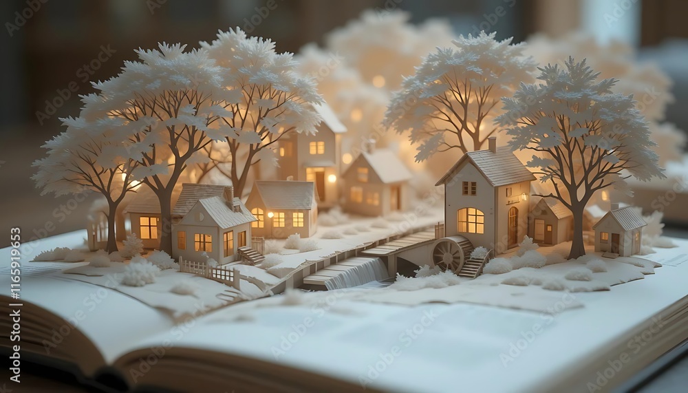 Obraz premium Paper-crafted historic scene with homes, watermill, and golden accents creating a warm, tranquil atmosphere.