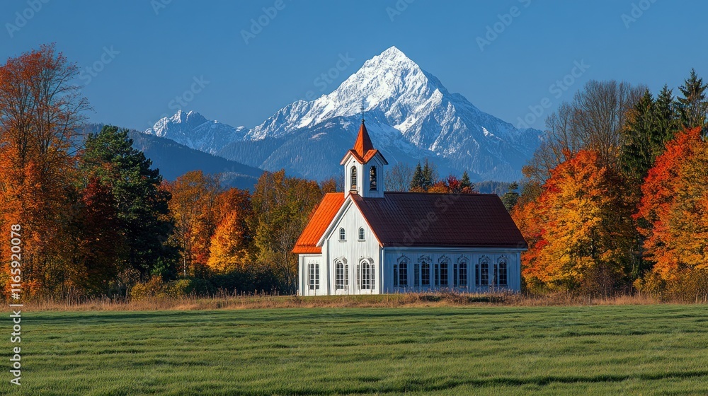 Autumnal church with snow-capped mountain backdrop. Autumnal church with snow-capped mountain backdrop.