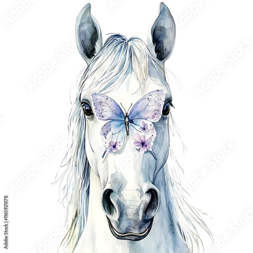 Watercolor painting of a white horse's head with a purple butterfly on its forehead.