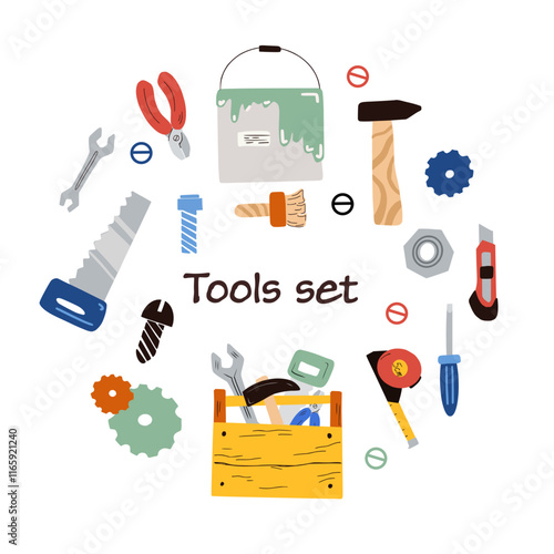 Kids collection of various repair tools in a cartoon style. A set for decorating toys, construction sets, children room or workshop, as educational material, fabrics, wallpapers