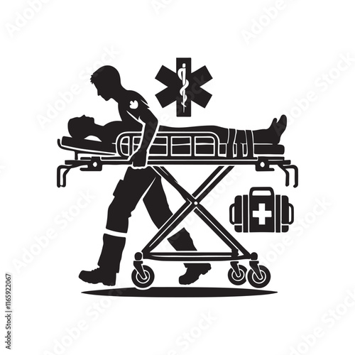  Paramedic carrying a stretcher silhouette vector art black color design and solid white background