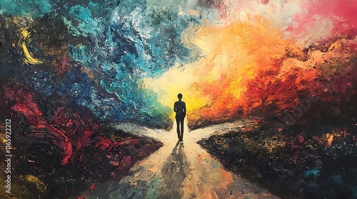 A person standing at a crossroads, looking toward two different paths, contemplating decisions that shape life’s direction and purpose 