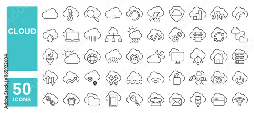 Set of 50 line icons related to cloud, weather, data, exchange, center, server, device, web, climate, Editable stroke. Vector illustration