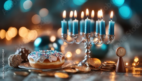 A donut sits on a plate next to a lit menorah photo