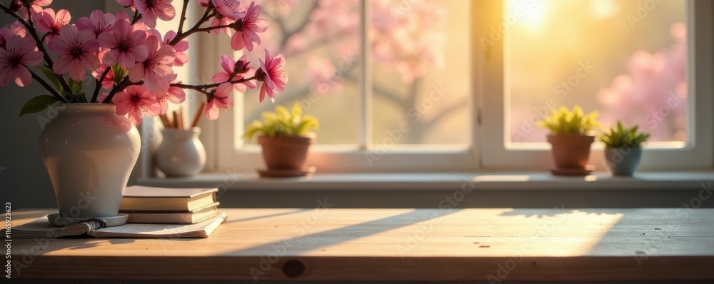 Empty desk, spring blossoms, sunlight streams in, organization, peaceful Empty desk, spring blossoms, sunlight streams in, organization, peaceful