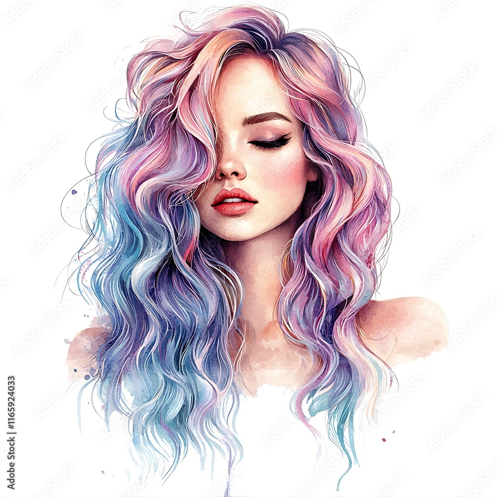 Fototapeta premium Watercolor Portrait of a Woman with Long, Colorful Wavy Hair.