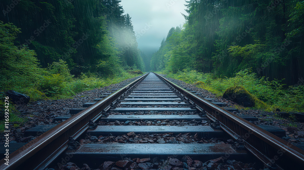 Serene Railroad Tracks Winding Through Lush Green Forest on Misty Day with Tranquil, Peaceful Atmosphere Ideal for Nature Lovers and Outdoor Enthusiasts Serene Railroad Tracks Winding Through Lush Green Forest on Misty Day with Tranquil, Peaceful Atmosphere Ideal for Nature Lovers and Outdoor Enthusiasts