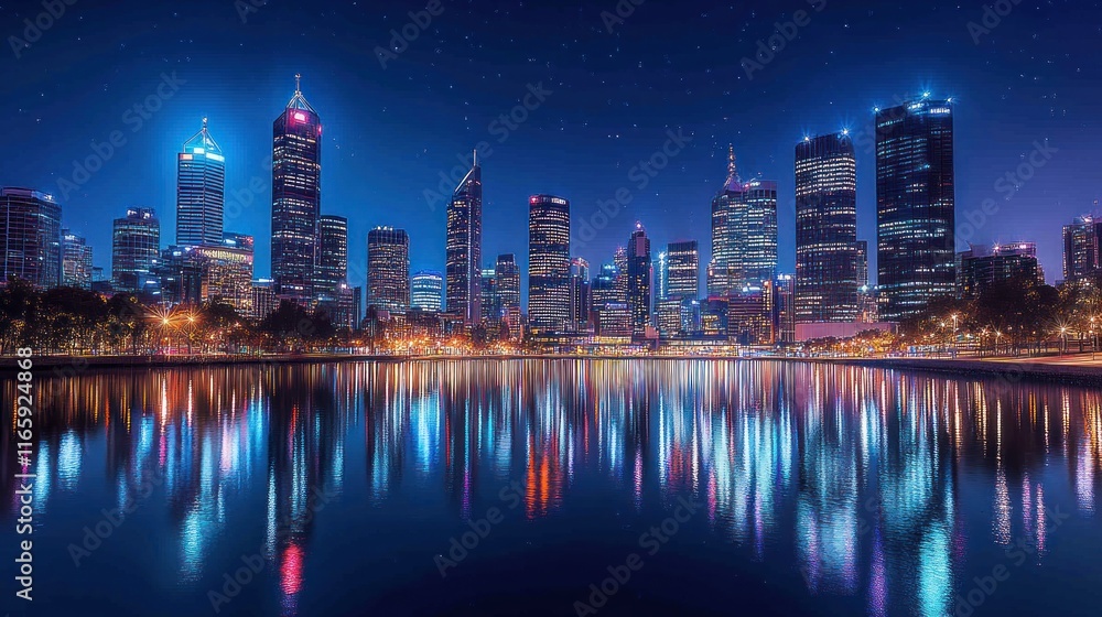 Fototapeta premium Vibrant city skyline at night, reflected in calm water, with twinkling stars.