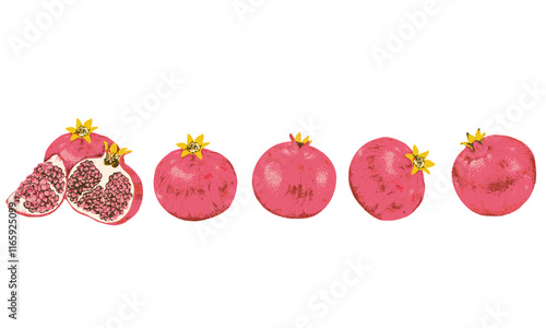 Summer food poster design. Hand sketch artwork. Pomegranate fruit set artwork. Fresh pomegranate fruit print.