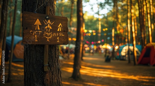 Directional campsite sign in a forest setting during a vibrant summer festival
