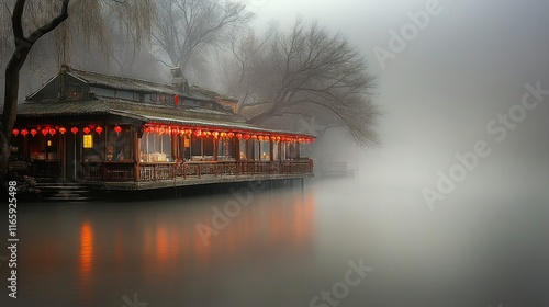 Serene water town, shrouded in mist, adorned with warm red lanterns. A tranquil scene of traditional Chinese architecture, reflecting in the still water.  Peaceful New Year's atmosphere. photo