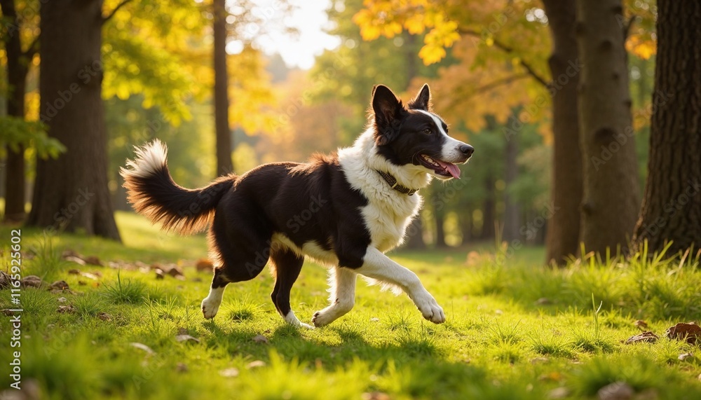 Border Collie Running Through Bright Sunny Summer Forest Surrounded by Green Grass and Tall Trees Border Collie Running Through Bright Sunny Summer Forest Surrounded by Green Grass and Tall Trees