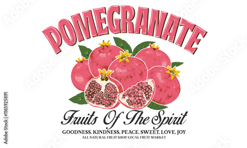 Fruits of the spirit. Fresh food artwork for for t shirt. Always organic. Summer food poster design. Hand sketch artwork. Pomegranate fruit artwork. Fresh pomegranate fruit print.