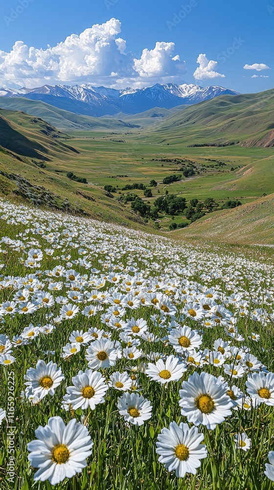 Fototapeta premium Windy Prairie Skies: Vast grassy plains with wildflowers and tall grasses swaying under the strong gusts of wind, clouds racing across the sky. 