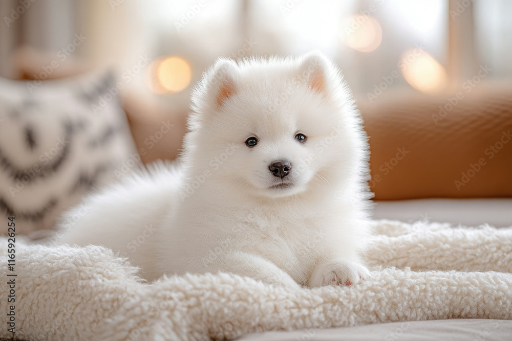 Adorable fluffy white Samoyed puppy relaxing on a cozy blanket.