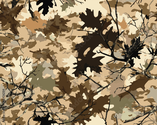 Real tree forest hunting camouflage seamless pattern design with barks and leaves. Camouflage repeat pattern