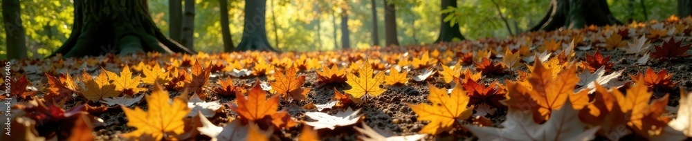 Scattered oak and birch leaves on forest floor, sunlit , stock photo, november, macro Scattered oak and birch leaves on forest floor, sunlit , stock photo, november, macro