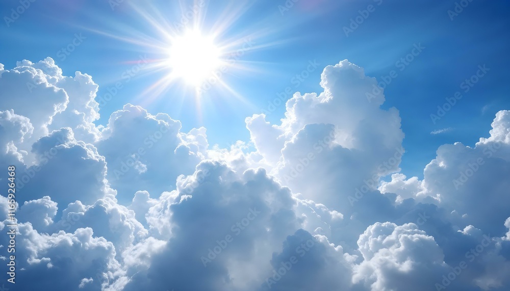 Heavenly sky, bright sunburst, fluffy white clouds with sunshine Peaceful natural background Heavenly sky, bright sunburst, fluffy white clouds with sunshine Peaceful natural background
