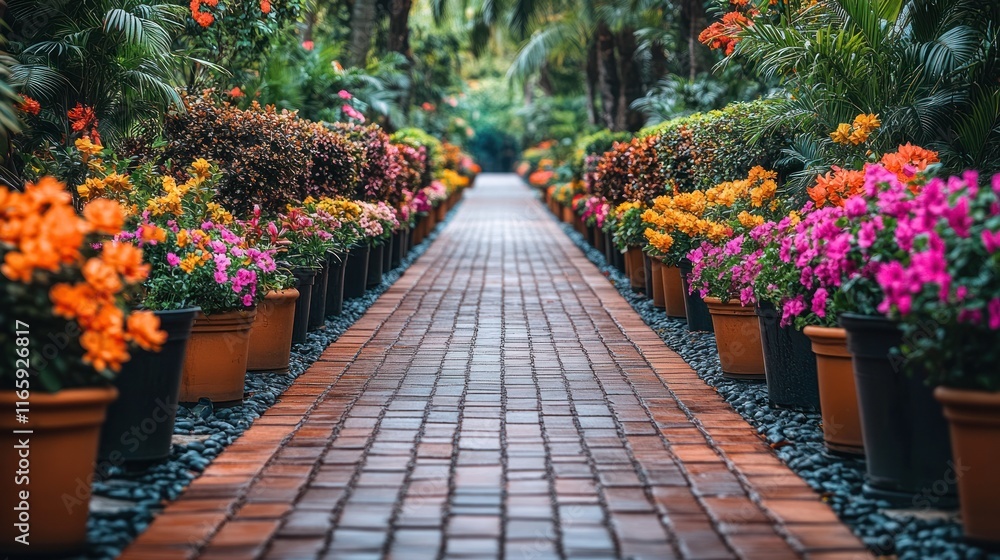 Colorful flowers line a brick pathway in a lush garden. Colorful flowers line a brick pathway in a lush garden.