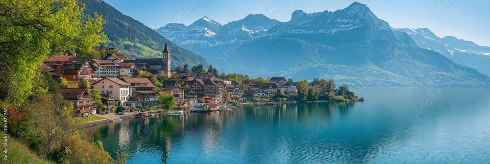 Obraz premium A charming lakeside village nestled among majestic mountains and lush greenery, reflecting beauty.