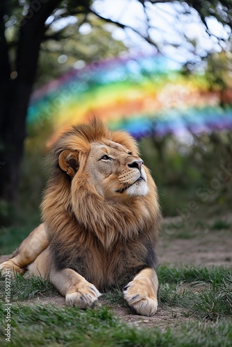 A serene lion gazes upward under a vibrant rainbow backdrop. photo