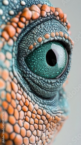 Macro photograph of a chameleon eye showcasing intricate patterns and vivid textures in colorful tones. Offers insight into reptilian biology and artistic inspiration.