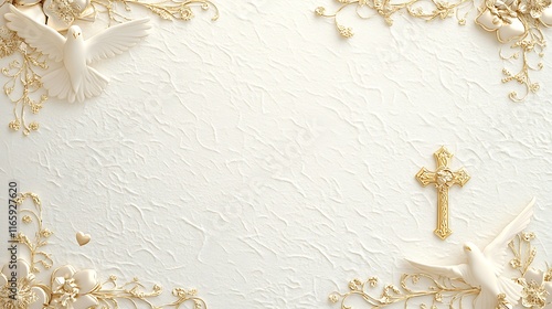 Elegant White Background With Doves Gold Cross And Floral Design